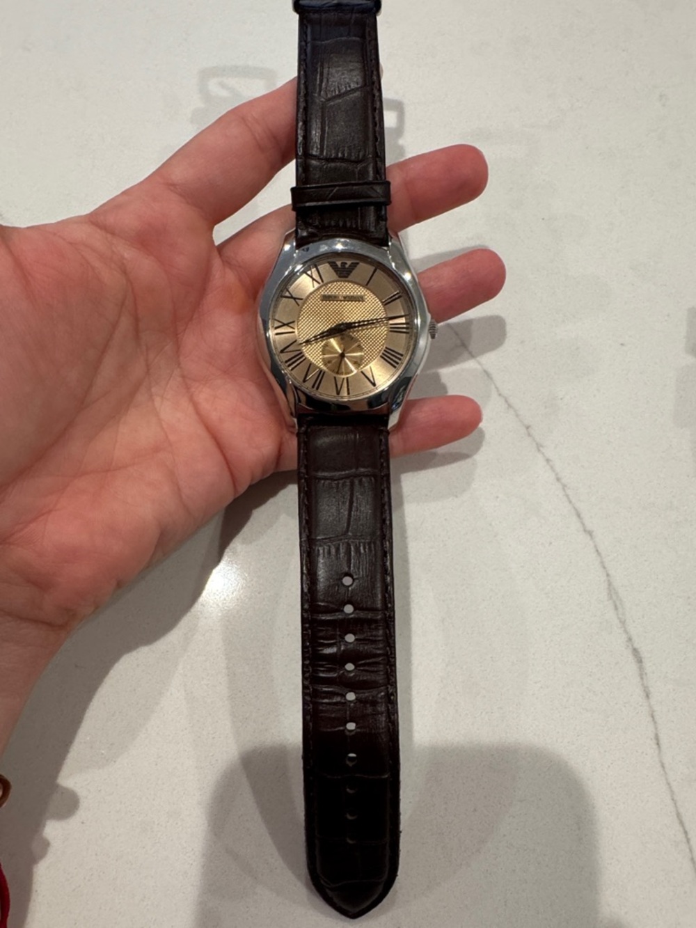 Emporio Armani Gold Dial Brown Leather Strap Watch